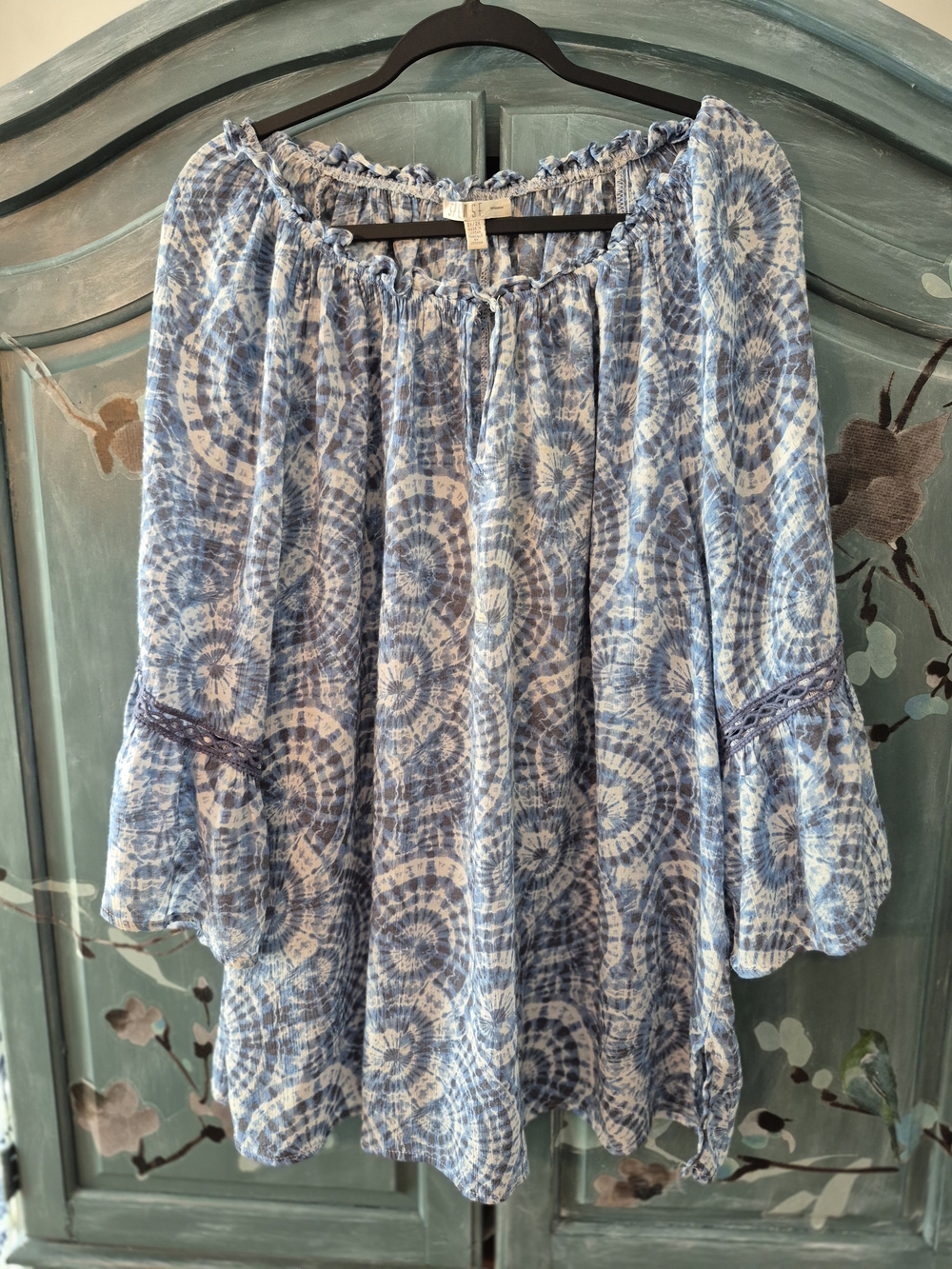 Blue Tie-Dye Off-Shoulder Peasant Tunic Top